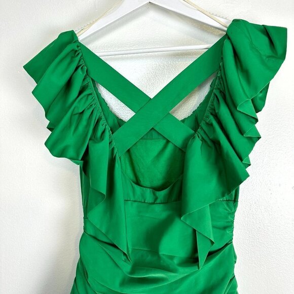 ALEMAIS Doria Ruffle-neck Crossover-back Mini Dress in Green Size US 2 - Picture 11 of 14